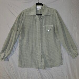 TESS Silk Button Up Shirt Size M Womens Olive Green White Striped Long Sleeve
